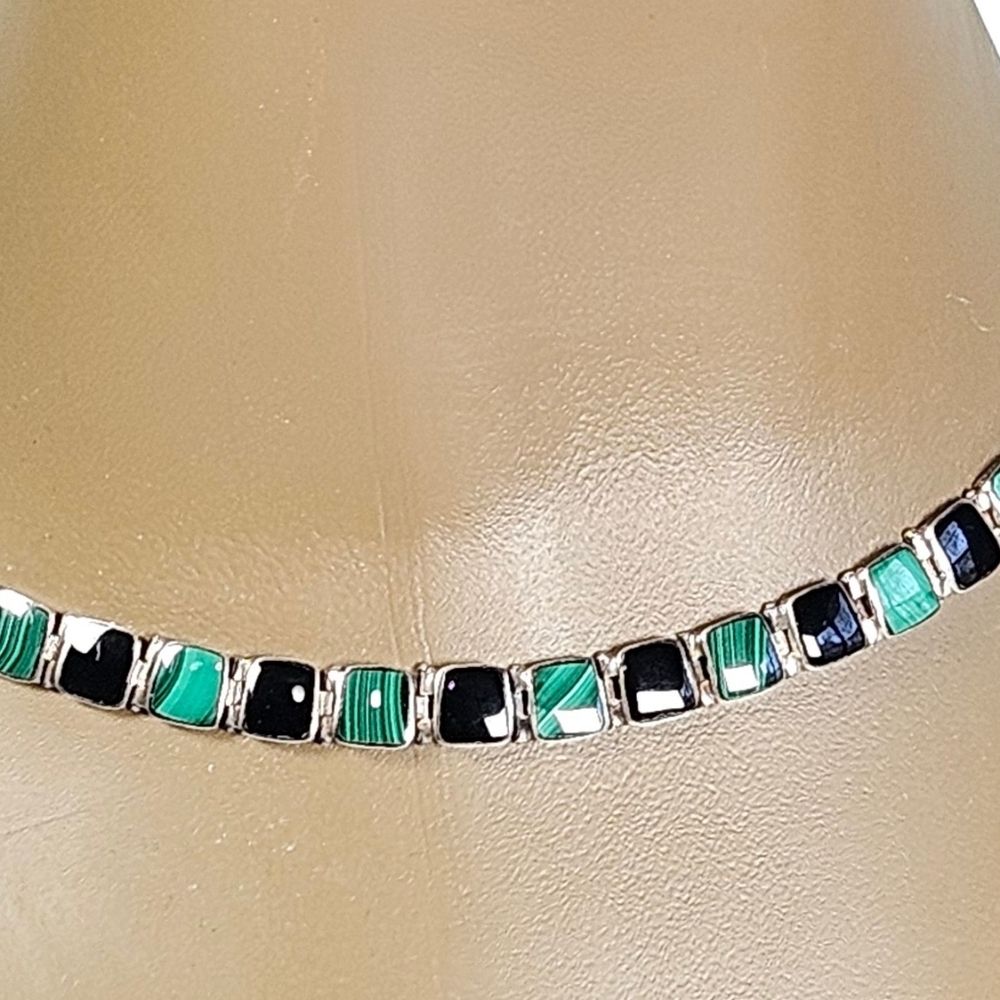 Vintage Chilean sterling malachite onyx necklace choker Choker 950 silver